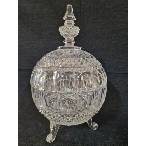 161 - Vintage Spherical Shape Crystal Lidded Candy / Bon Bon Dish, 3-Footed, (Approx. H: 27cm)