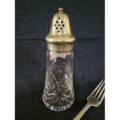 163 - Vintage Cut Glass & White Metal Sugar Sifter, Together with Silver Plated Cake Slice & Fork,  (3)