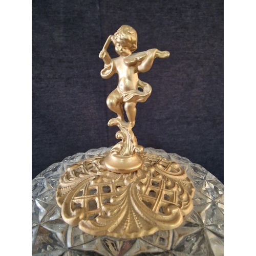 211 - Vintage Cut Glass Table / Side Lamp with Gilt Rim, 3-Feet and Cherub on Top, and Hanging Crystals