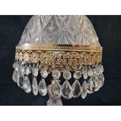 211 - Vintage Cut Glass Table / Side Lamp with Gilt Rim, 3-Feet and Cherub on Top, and Hanging Crystals