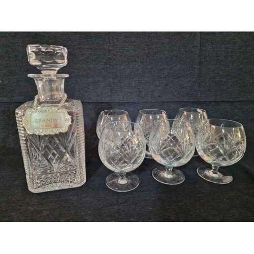 212 - Vintage Cut Glass Brandy Decanter with Stopper, Together with Set of 6 x Brandy Balloons / Glasses a... 