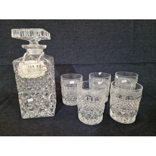 213 - Vintage Cut Glass Whisky Decanter with Square Top, Together with Set of 5 x Whisky Tumblers / Glasse... 