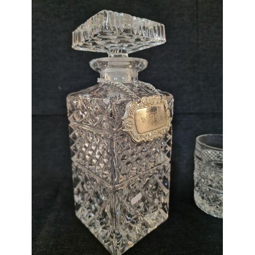 213 - Vintage Cut Glass Whisky Decanter with Square Top, Together with Set of 5 x Whisky Tumblers / Glasse... 