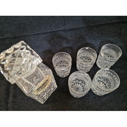 213 - Vintage Cut Glass Whisky Decanter with Square Top, Together with Set of 5 x Whisky Tumblers / Glasse... 