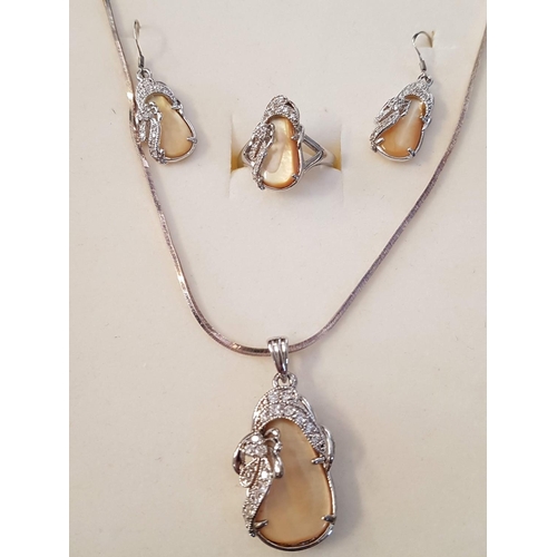 157 - Silver Set; Silver Chain with Pendant and Matching Ring and Earrings Decorated with Yellow Stone and... 