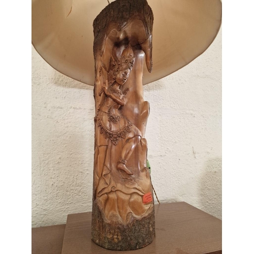 144 - Hand Carved / Sculpted Solid Wood 'Tree Trunk' Lamp Base with Indonesian Goddess Figure and Shade Ov... 