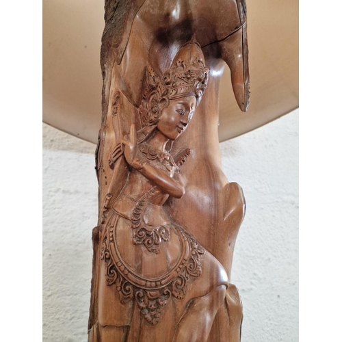 144 - Hand Carved / Sculpted Solid Wood 'Tree Trunk' Lamp Base with Indonesian Goddess Figure and Shade Ov... 