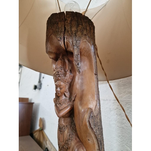 144 - Hand Carved / Sculpted Solid Wood 'Tree Trunk' Lamp Base with Indonesian Goddess Figure and Shade Ov... 