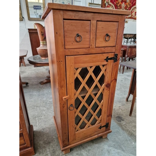 145 - Solid Wood Unit with Lattice Wood & Glazed Door and 2-Drawers with Dividers, and Metal Handles, (App... 