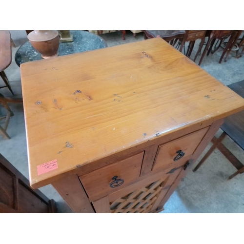 145 - Solid Wood Unit with Lattice Wood & Glazed Door and 2-Drawers with Dividers, and Metal Handles, (App... 