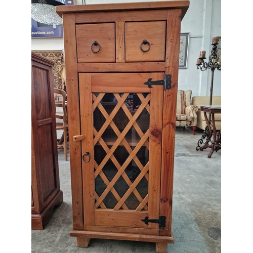 145 - Solid Wood Unit with Lattice Wood & Glazed Door and 2-Drawers with Dividers, and Metal Handles, (App... 