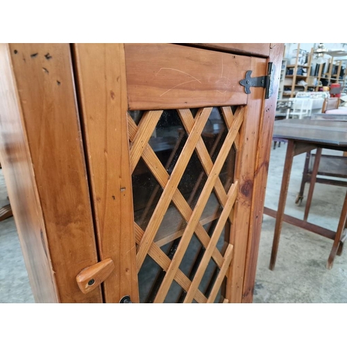 145 - Solid Wood Unit with Lattice Wood & Glazed Door and 2-Drawers with Dividers, and Metal Handles, (App... 