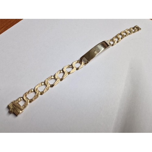 132 - Heavy 9ct Gold Identity Bracelet with Textured Pattern, (Approx. 27.9g, L: 21cm)