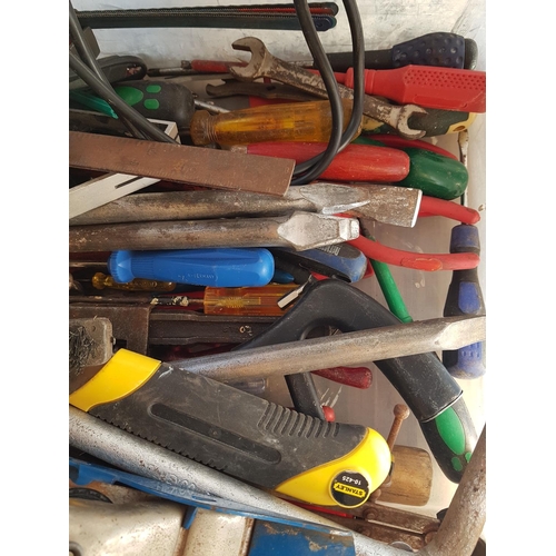 711 - Large Plastic Box of Assorted Tools; Drills, Screwdrivers, Block Plane, Sander Disk, Griding Disks ,... 