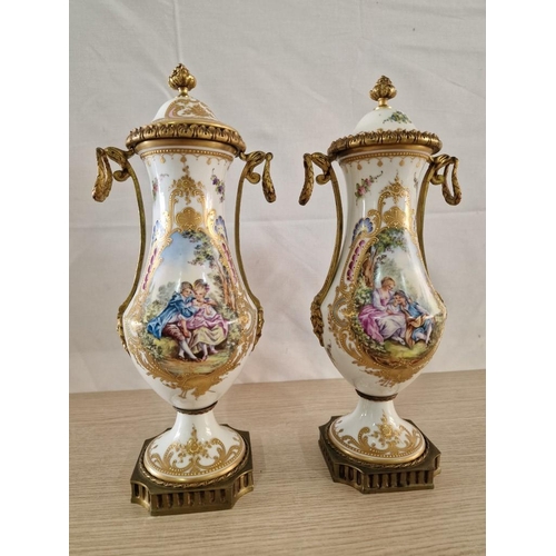 732 - Pair of Antique 'Chateaux de Blois' Ormolu Mounted French Porcelain Urns with Victorian Style Couple... 