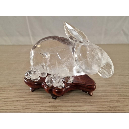 733 - Glass Bunny Rabbit Ornament with 2 Babies, on Fitted Wooden Base