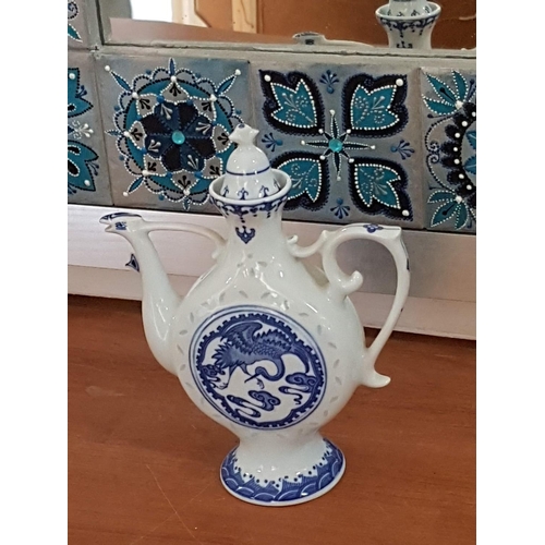 129 - Vintage White and Blue Small Porcelain Chinese Tea Pot with Cranes Traditional Chinse Bird (Approx. ... 