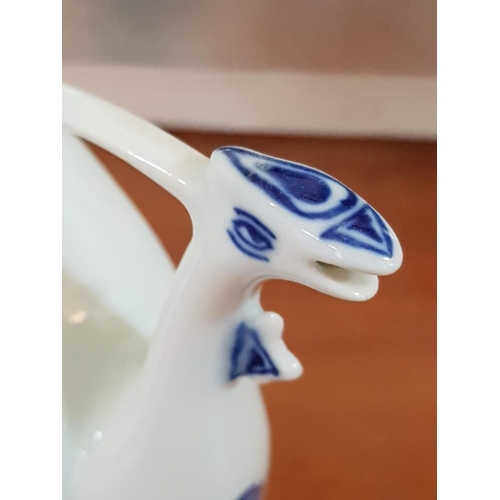 129 - Vintage White and Blue Small Porcelain Chinese Tea Pot with Cranes Traditional Chinse Bird (Approx. ... 