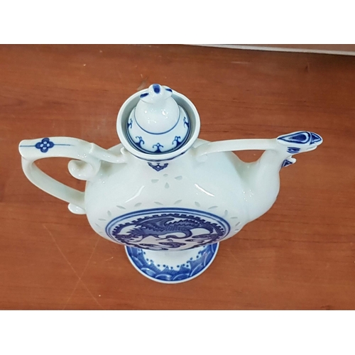 129 - Vintage White and Blue Small Porcelain Chinese Tea Pot with Cranes Traditional Chinse Bird (Approx. ... 