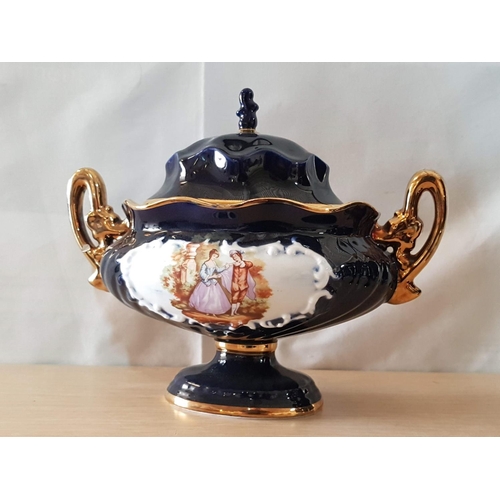 88 - Cobalt Blue Limoges Style Ceramic Twin Handle Pedestal Dish with Lid (Little Chip on One Handle) Tog... 