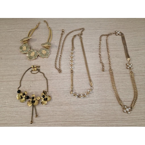 748 - Collection of 4 x Necklaces; 2 x Gold Tone with Clear Stones, and 2 x Floral Design, (4)