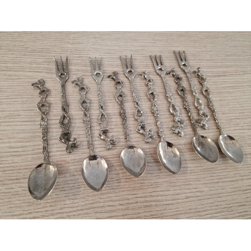 751 - Set of White Metal Desert Forks & Spoons with Decorative Handles Rearing Horses, (11)