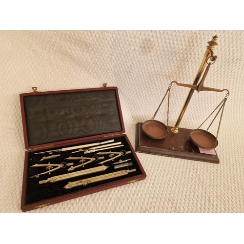 758 - Vintage Balance Scales on Wooden Base, Together with Cased Technical Drawing / Drafting Set, (2)