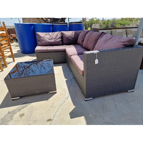 205A - 'L' Shape Ratan Garden / Patio Sofa with Cushions and Matching Glass Top Coffee Table, (2)