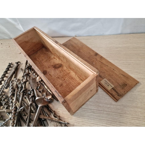 68 - Wooden Box with Slide Lid (Approx. 36 x 11 x 11cm) Containing Approx. 35 x Auger and Spade Drill Bit... 