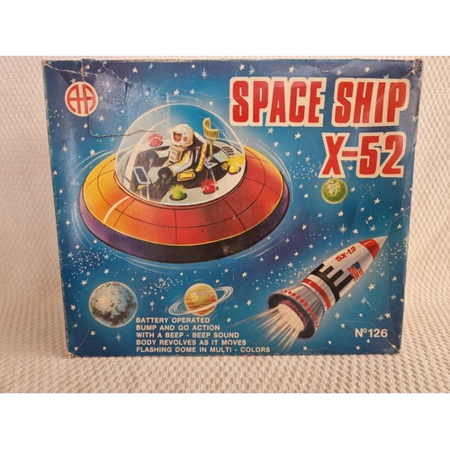 781 - 2 x Vintage Tin Space Age Toys; Bump & Go Space Ship X-52 #126 with Original Box, Together with 'Fly... 