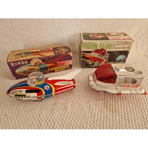 784 - 2 x Vintage Space Age Toys / Models; Friction Drive 'Torpedo Boat' in Original Box and 'Moon Scout' ... 