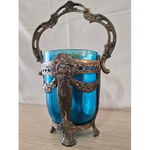 121 - Vintage Blue Glass Ice Bucket in Decorative Pewter(?) Stand with Carrying Handle