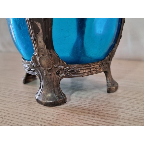 121 - Vintage Blue Glass Ice Bucket in Decorative Pewter(?) Stand with Carrying Handle