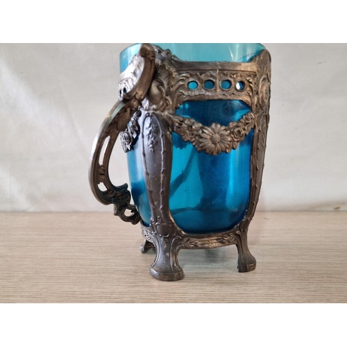 121 - Vintage Blue Glass Ice Bucket in Decorative Pewter(?) Stand with Carrying Handle