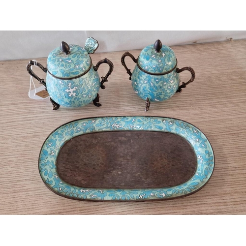 122 - Vintage Silver and Enamel Condiment Set; 2 x Lidded Twin Handled Pots on Matching Stand with 1 Spoon... 