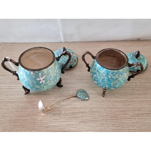 122 - Vintage Silver and Enamel Condiment Set; 2 x Lidded Twin Handled Pots on Matching Stand with 1 Spoon... 