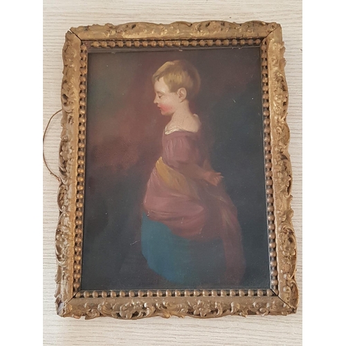 124B - Antique Portrait of a Little Boy - Oil on the Board and in Antique Gilded Frame (A/F), (21 x 26cm)