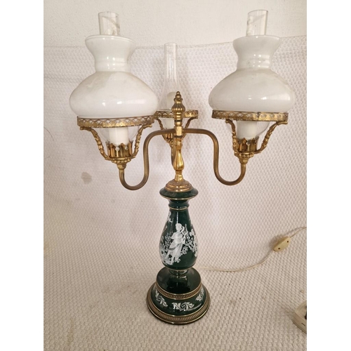 44 - Vintage Table / Side Lamp with Decorative Green Blass Base and 3-Arms with Oil Lamp Effect Shades & ... 