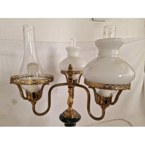 44 - Vintage Table / Side Lamp with Decorative Green Blass Base and 3-Arms with Oil Lamp Effect Shades & ... 