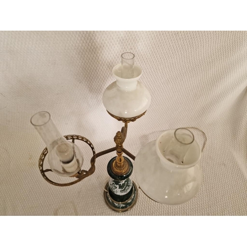 44 - Vintage Table / Side Lamp with Decorative Green Blass Base and 3-Arms with Oil Lamp Effect Shades & ... 