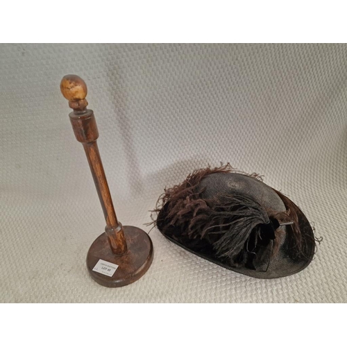 49 - Vintage Wooden Hat Stand, Together with Feather Hat, (2)