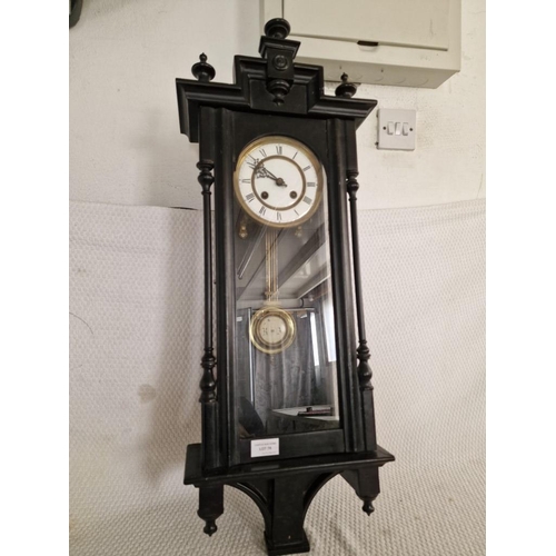 78 - Vintage Wall Hanging Grandmother Clock with 3-Sided Glass Wooden Case and Turned Finials, Key Wound ... 