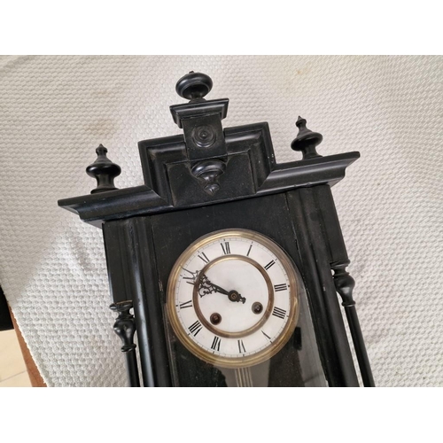 78 - Vintage Wall Hanging Grandmother Clock with 3-Sided Glass Wooden Case and Turned Finials, Key Wound ... 