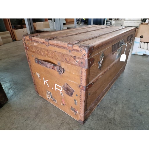 26 - Antique French Steamer Trunk by 'Au Depart' with Wooden Binding, Brass Fittings and Original Lining,... 