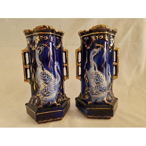 57 - Pair of Twin Handled Vases by Minster Ceramics, Blue & White Birds with Gold Highlights, (Approx. H:... 