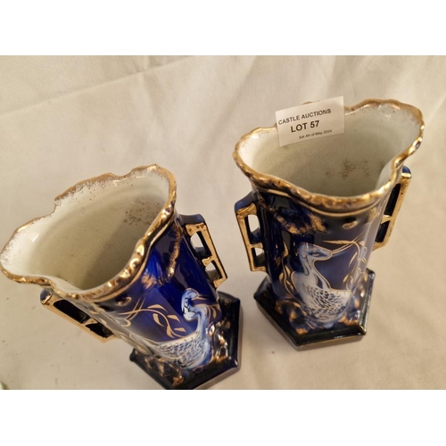 57 - Pair of Twin Handled Vases by Minster Ceramics, Blue & White Birds with Gold Highlights, (Approx. H:... 