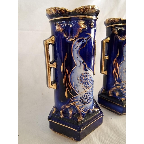 57 - Pair of Twin Handled Vases by Minster Ceramics, Blue & White Birds with Gold Highlights, (Approx. H:... 