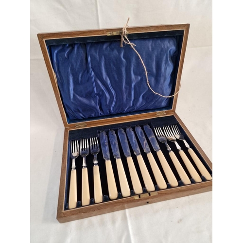 68 - Wooden Canteen of Fish Knives & Forks with Key, Silver Plated with French Ivory Effect Handles