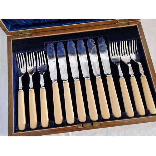 68 - Wooden Canteen of Fish Knives & Forks with Key, Silver Plated with French Ivory Effect Handles