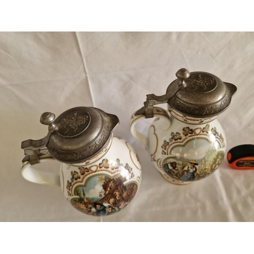 7 - Pair of Vintage Large Franklin Weilese Porcelain Jugs / Wine Steins with Pewter Lids, Designed to Co... 